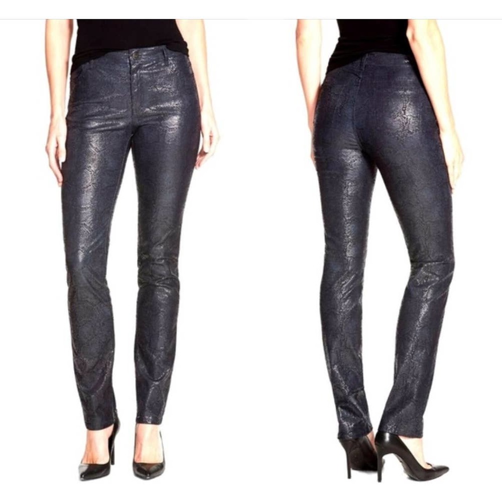 Lafayette 148 New York Navy Coated Metallic Snake Embossed Straight Jeans - 14